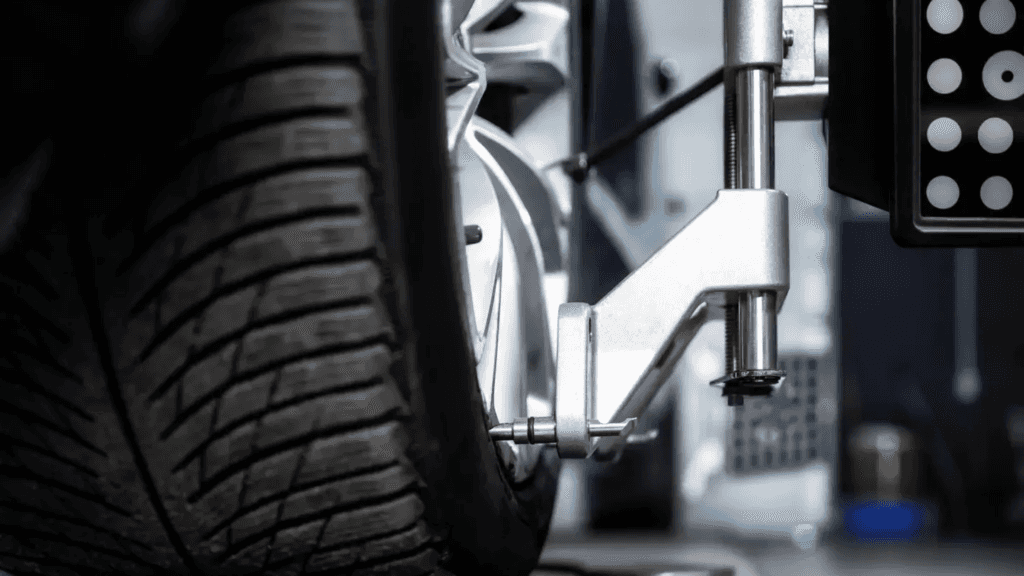 A wheel alignment being performed on a vehicle
