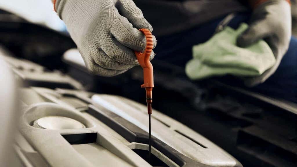 A technician checking a vehicle's engine oil level