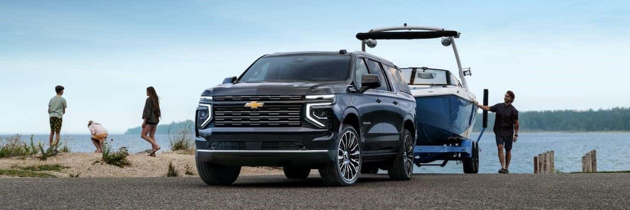 2025 Chevy Suburban pulling a boat to dock