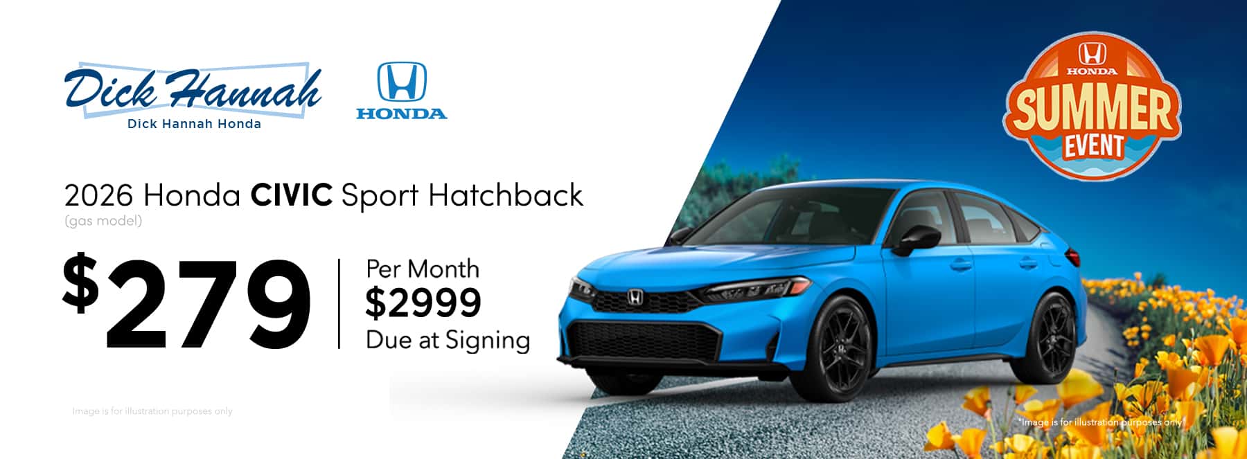 2026 Honda Civic Sport Hatchback (gas model) Lease Offer: $279 per month, 36 months $2,999.00 due at signing!