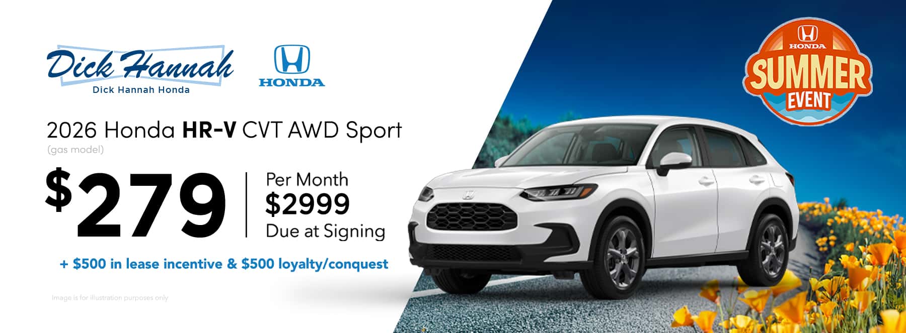 2027 Honda HR-V CVT AWD Sport (gas model) Lease Offer: $279 per month, 36 months $2,999.00 due at signing + $500 in lease incentive AND $500 in lease loyalty/conquest incentives