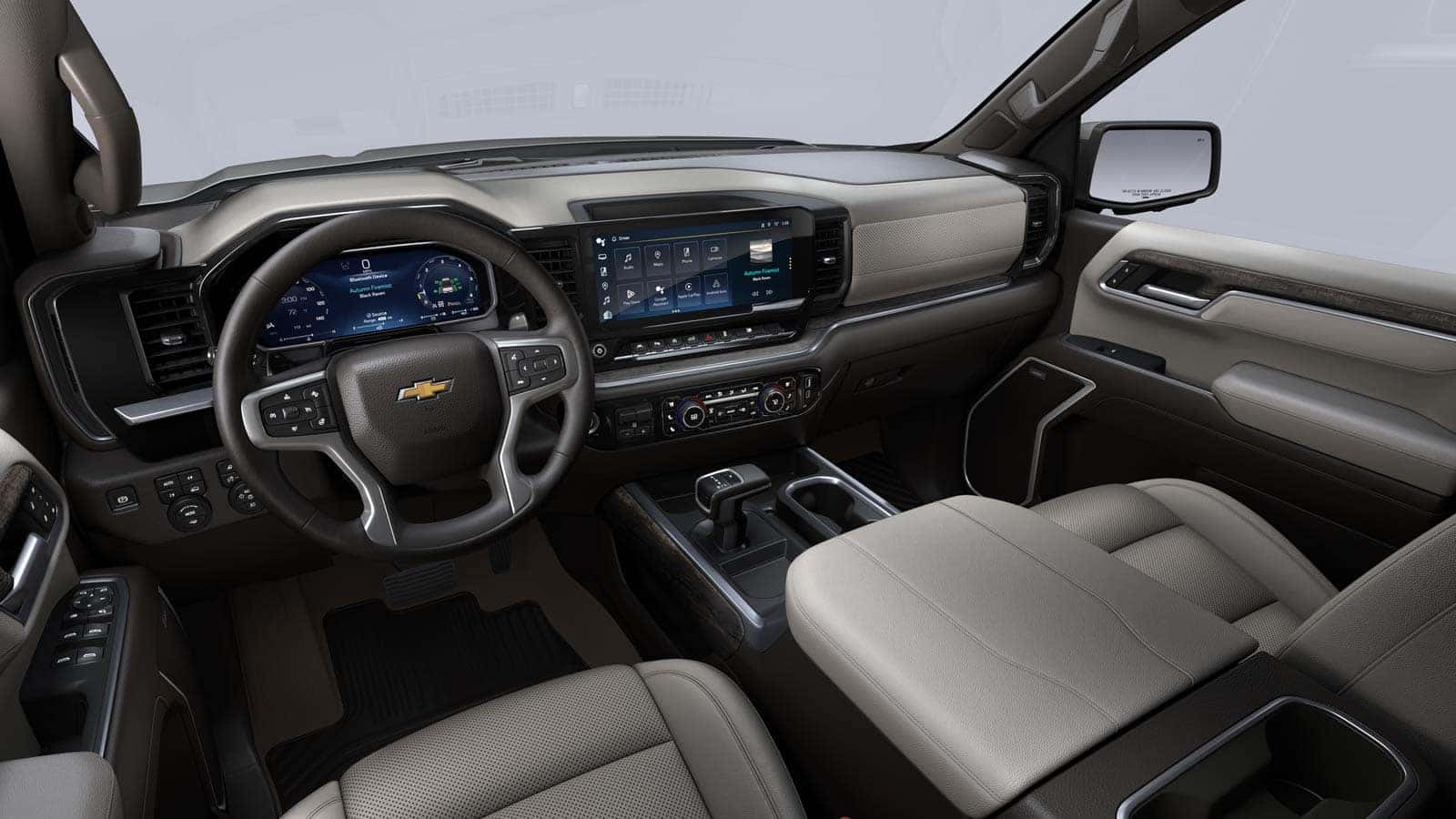 2026 Chevrolet Silverado 1500 LTZ interior showing 13.4-inch touchscreen, perforated leather seats, and Bose audio system