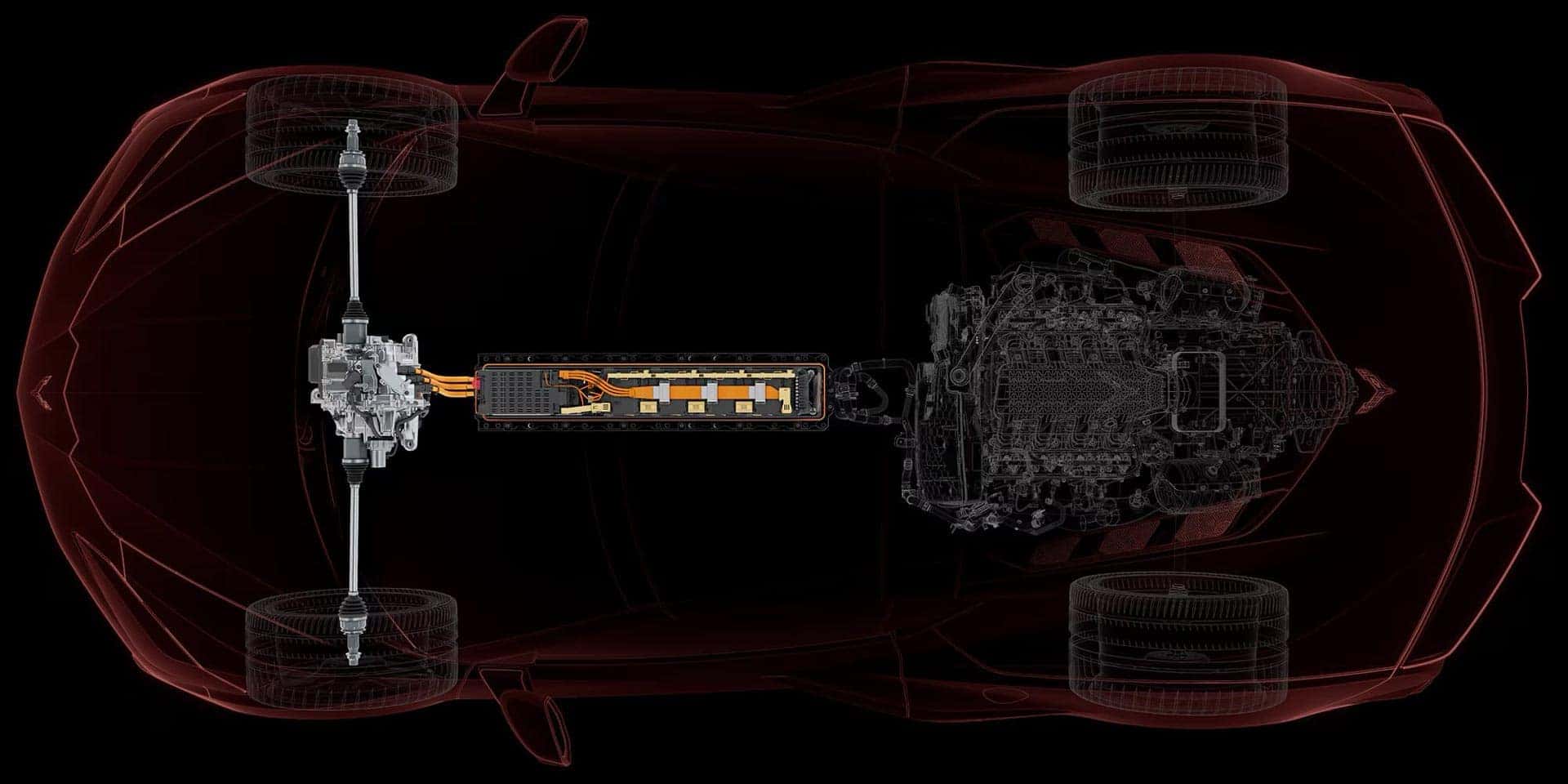 2027 Grand Sport X eAWD drivetrain layout with LS6 V8 engine and electric front axle