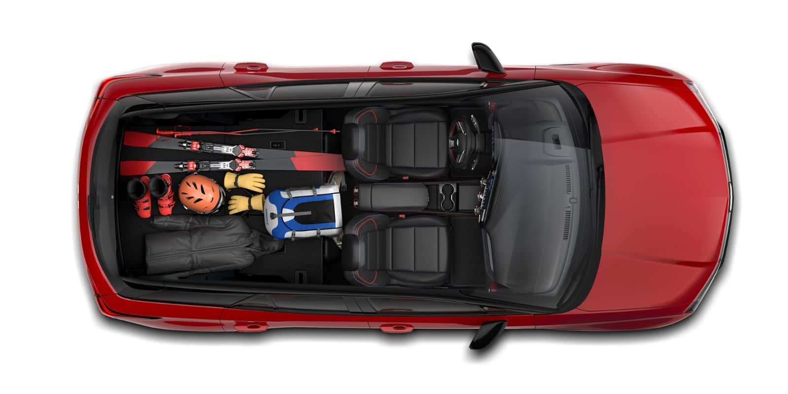 Top-down view of a Chevy Blazer EV cargo area packed with ski gear