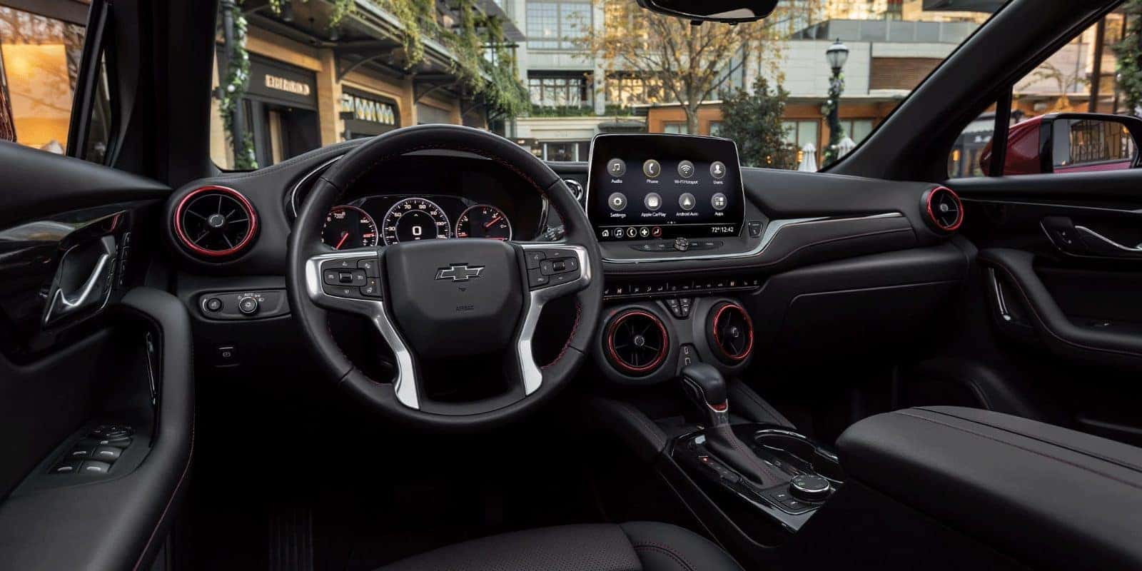 Chevy Blazer dashboard and touchscreen with red interior accents