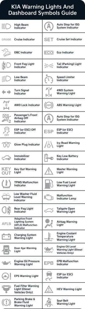 Infographic branded for Kia showing a variety of vehicle dashboard symbols and icons with their official automotive system titles
