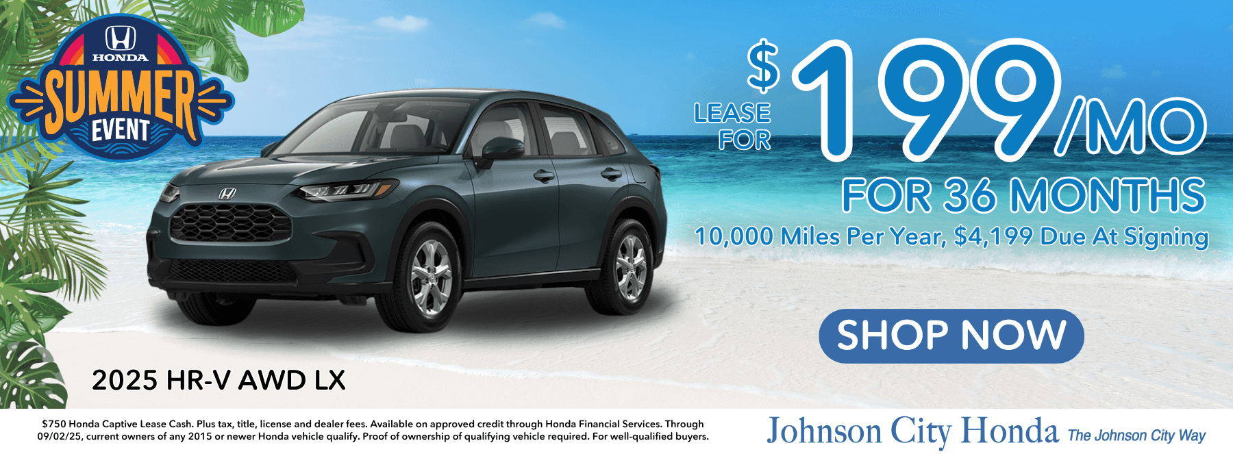 HR-V WEB BANNER SHOWING $199 A MONTH FOR A 36 MONTH LEASE WITH APPROVED CREDIT
