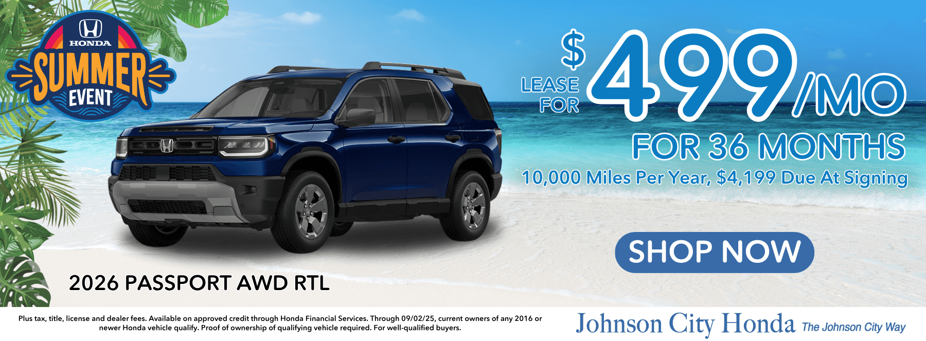 WEB BANNER SHOWING A LEASE FOR $499 A MONTH FOR 36 MONTHS ON THE 2025 HONDA PASSPORT WITH APPROVED CREDIT