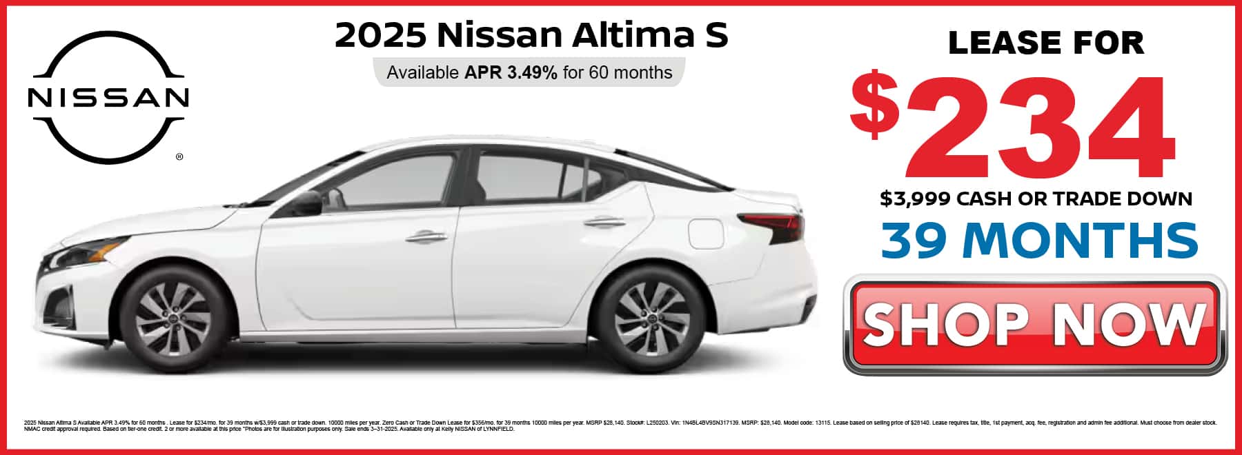 Lease the 2025 Nissan Altima S for $234 per month with $3,99 down for 39 months