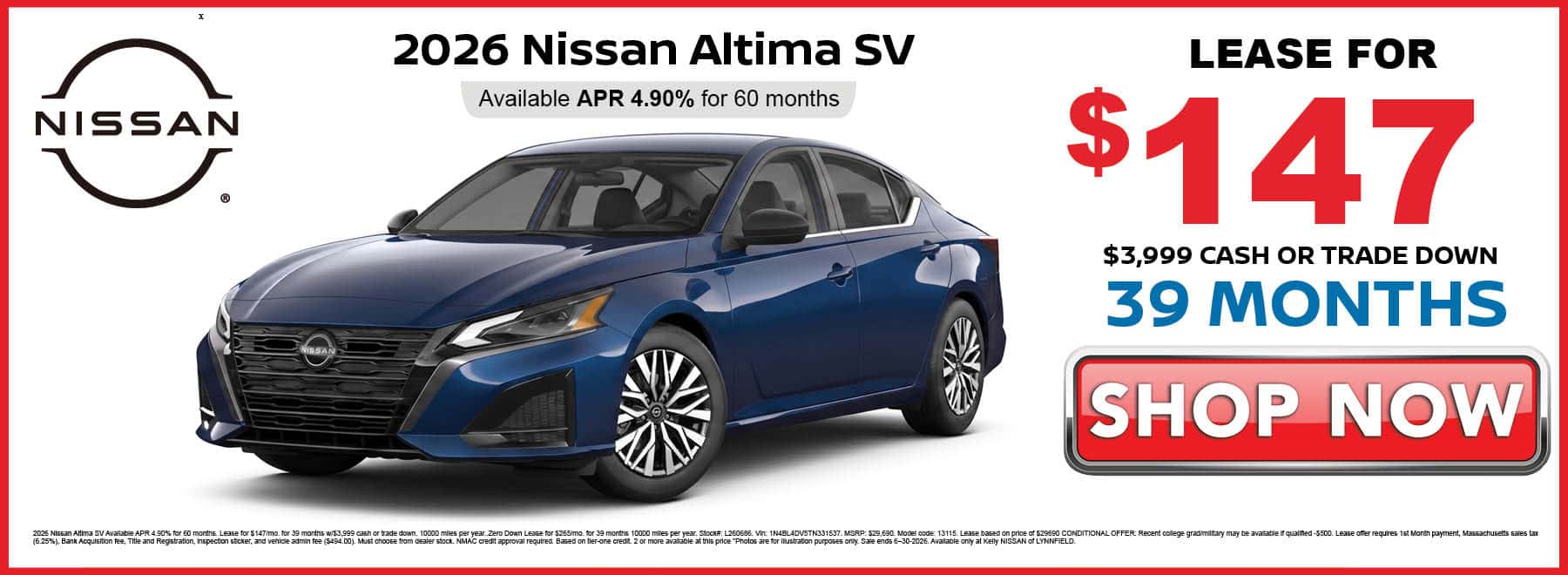 Lease the 2026 Nissan Altima SV for $147 per month for 39 months with $3,999 cash or trade down