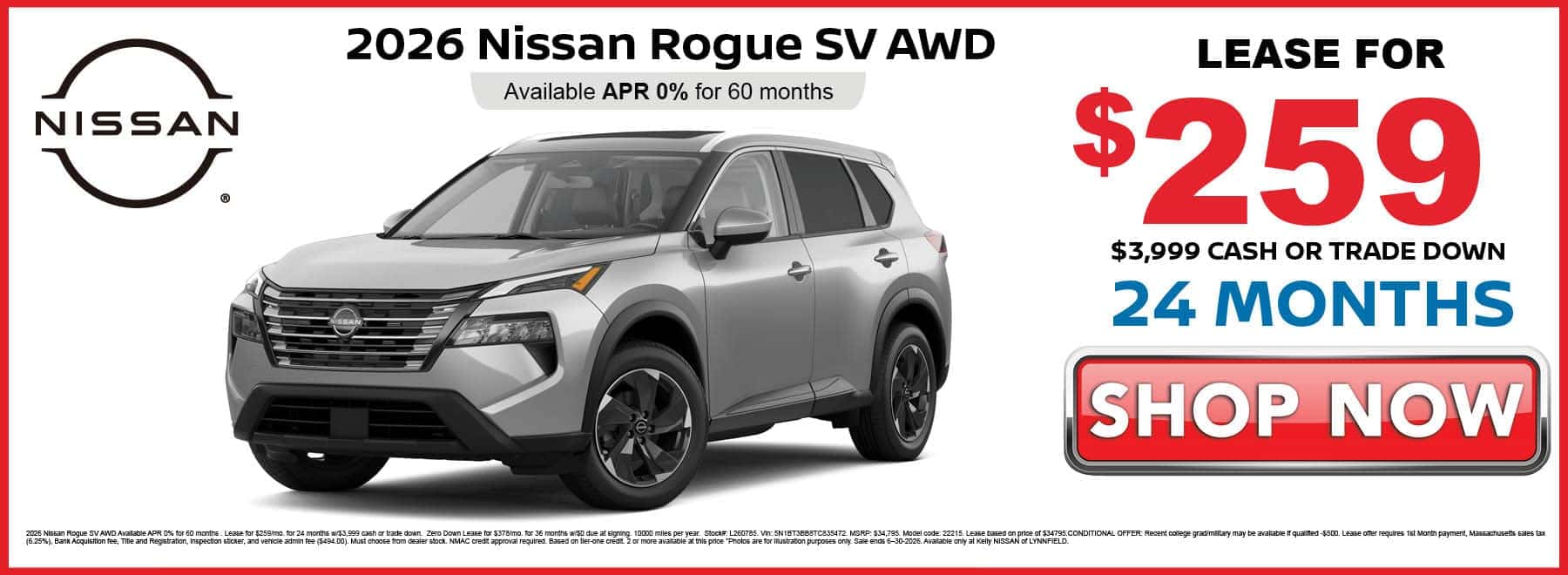 Lease the 2026 Nissan Rogue SV for $259 per month with $3999 down for 24 months