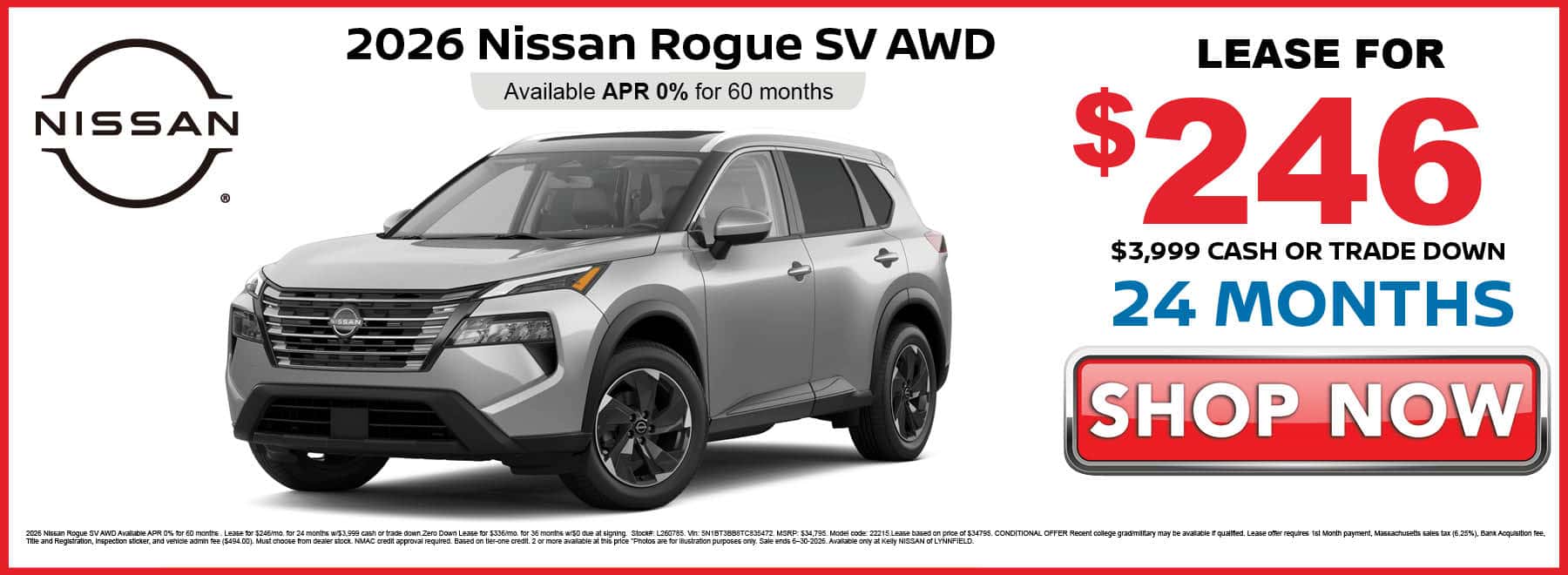 Lease the 2026 Nissan Rogue SV for $246 per month with $3999 down for 24 months