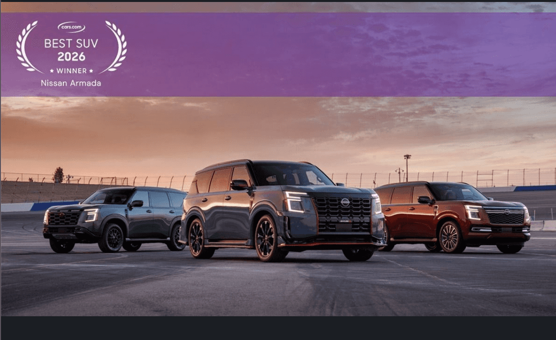 Image of three Nissan Armada SUVs which are Carscom Bet SUV 2026 Winner