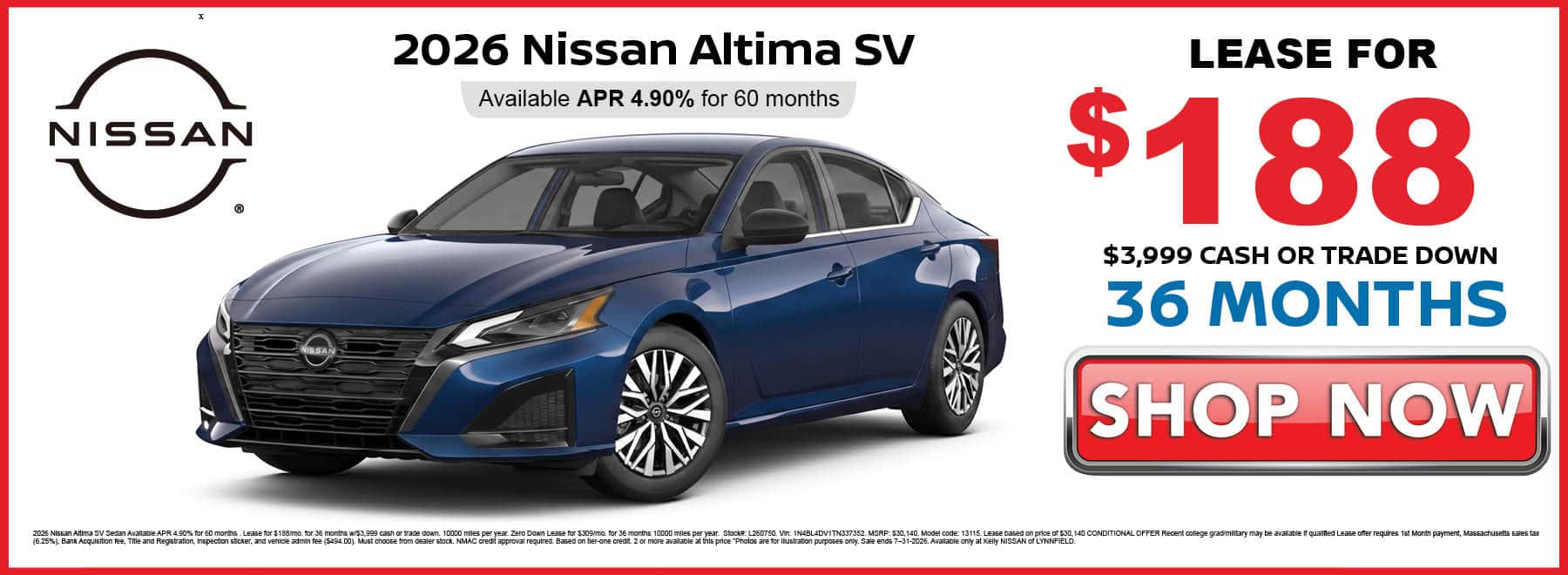 Lease the 2026 Nissan Altima SV for $193 per month for 36 months with $3,999 cash or trade down