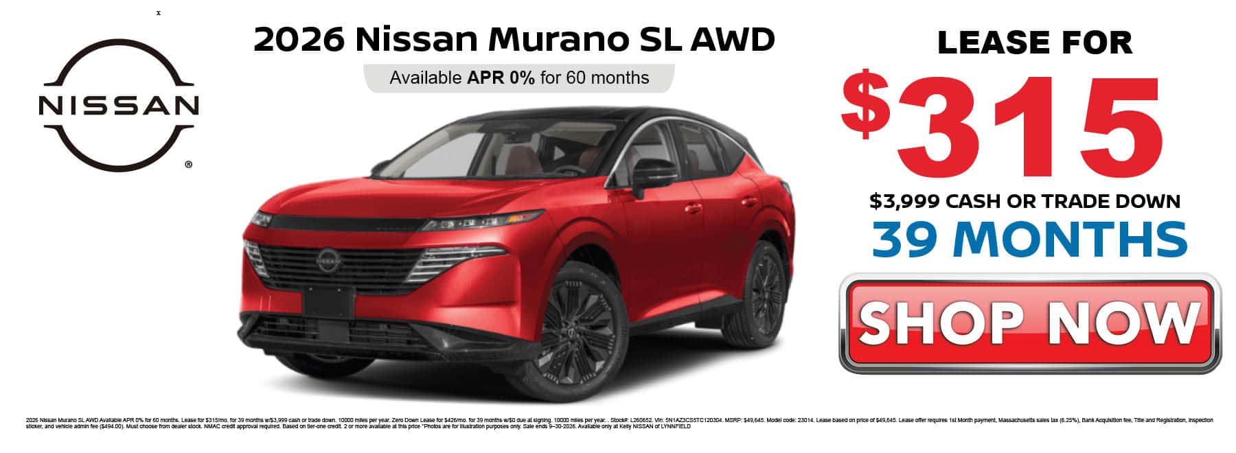 Lease the 2026 Nissan Murano SL AWD for $315 per month with $3999 down for 39 months