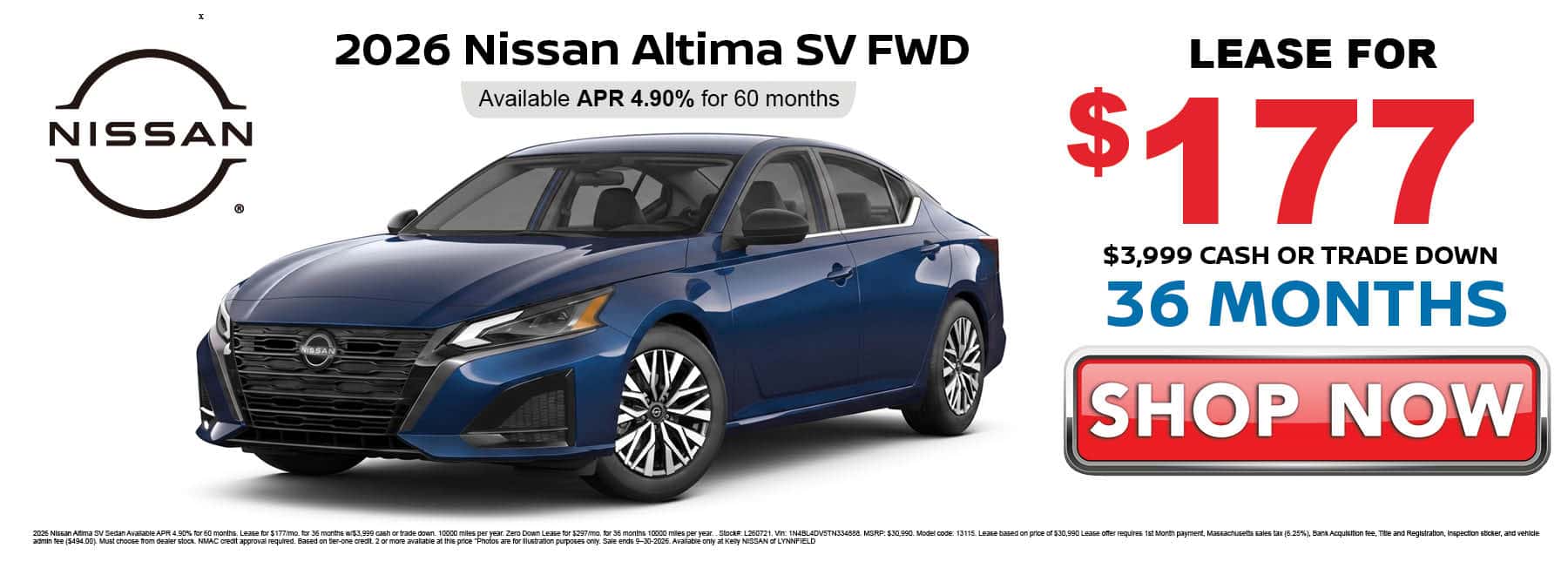 Lease the 2026 Nissan Altima SV for $177 per month for 36 months with $3,999 cash or trade down