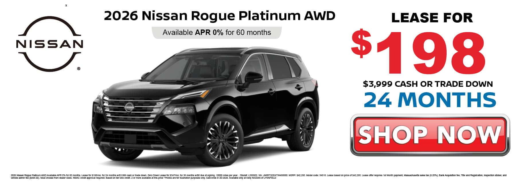 Lease the 2026 Nissan Rogue Platinum or $198 per month with $3999 down for 24 months
