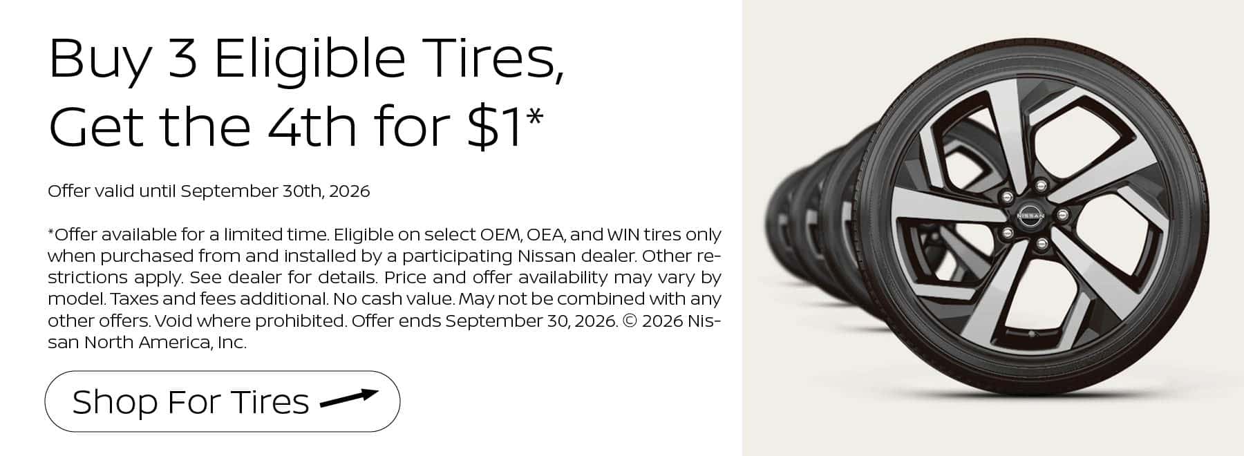 Buy 3 Eligible Tires Get the 4th for $1 at Kelly Nissan of Lynnfield Web Banner