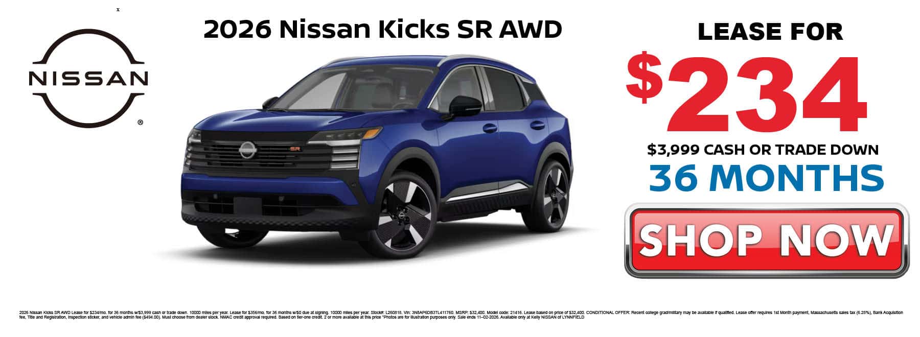 Lease the 2026 Nissan Kicks SR AWD for $234 per month with $3999 down for 36 months