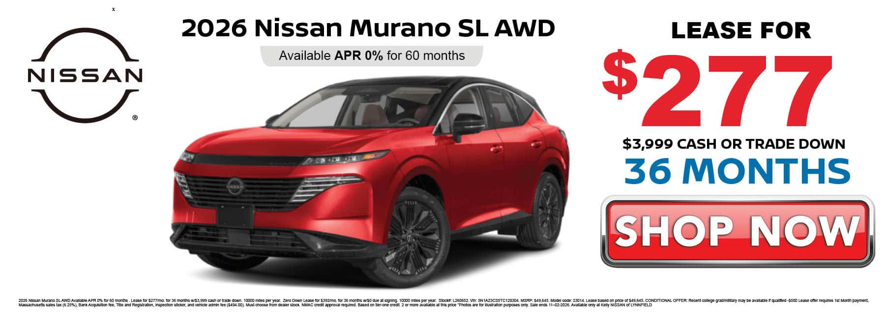 Lease the 2026 Nissan Murano SL AWD for $277 per month with $3999 down for 36 months