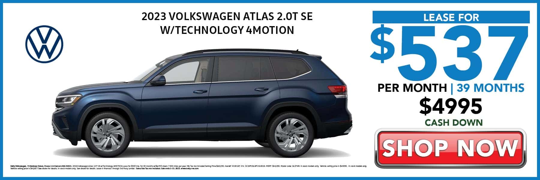 Lease the 2023 Volkswagen Atlas SE for $537 per month for 39 months with $4,995 cash down
