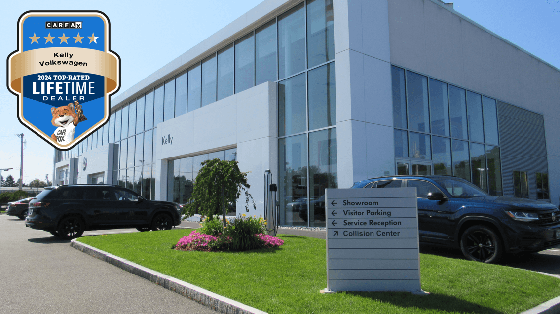 Kelly Volkswagen Earns 2024 CARFAX Top-Rated Lifetime Dealer Award Exterior of Kelly Volkswagen on Route 114 in Danvers, MA with the CARFAX Top-Rated Lifetime Dealer Logo