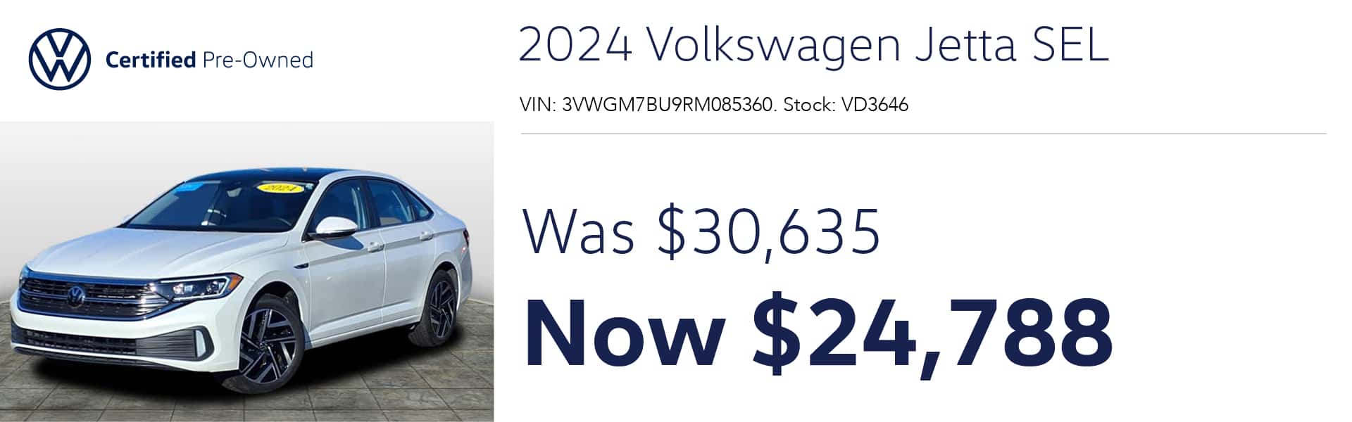 Certified Pre-Owned 2024 Volkswagen Jetta SEL Was $30,635 Now $24,788