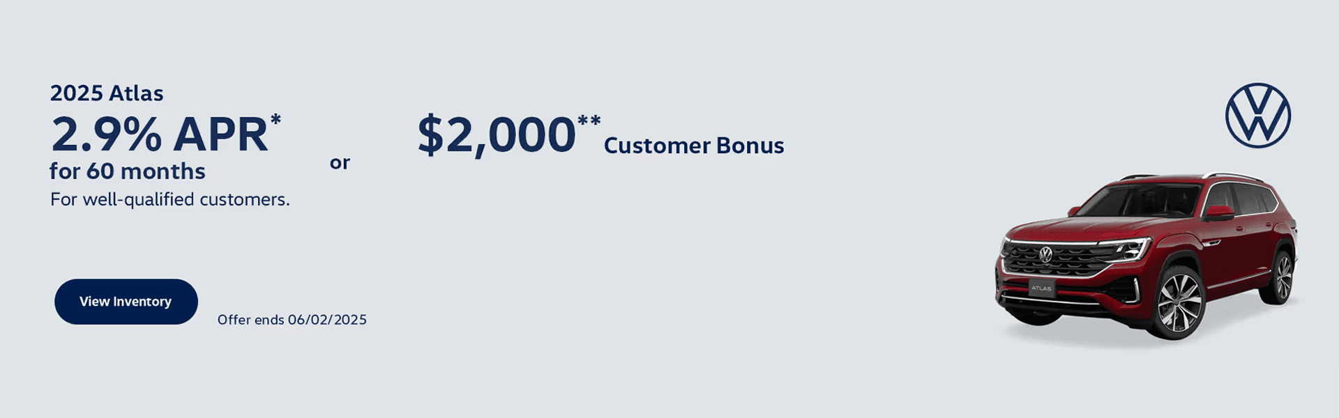2025 Volkswagen Atlas 2.9% APR for 60 Months Web Banner