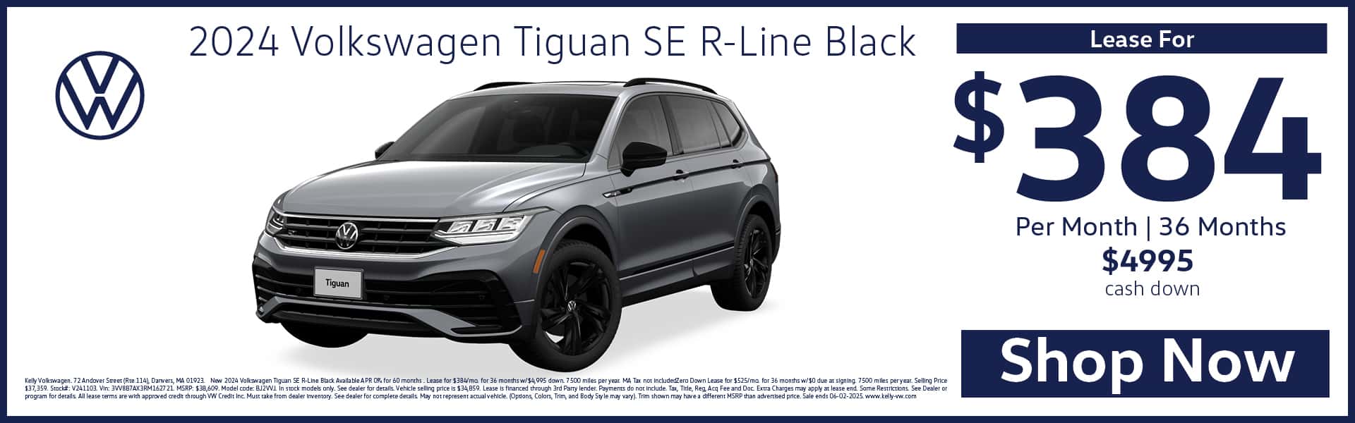 Lease the 2024 VW Tiguan SE R-Line Black for $384 per month for 36 months with $4,995 down