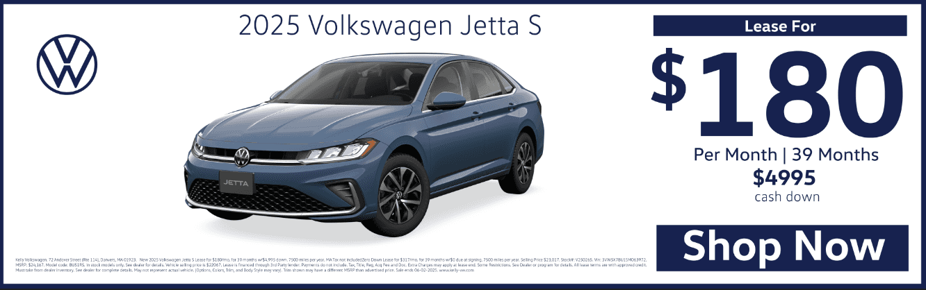 Lease the 2025 VW Jetta S for $180 per month for 39 months with $4,995 cash down