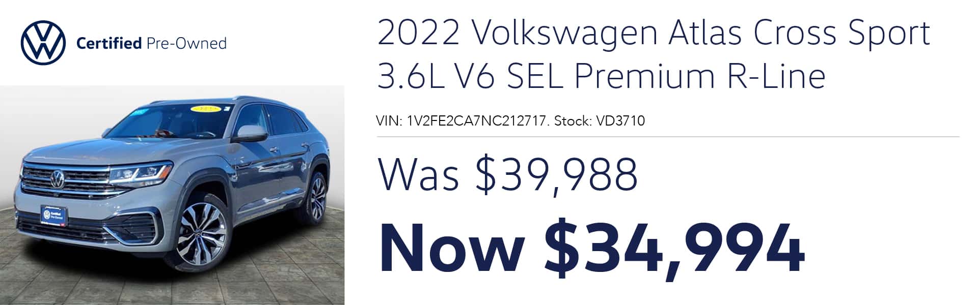 CPO 2022 Volkswagen Atlas Cross Sport SEL Premium R-Line Was $39,988 Now $34.994