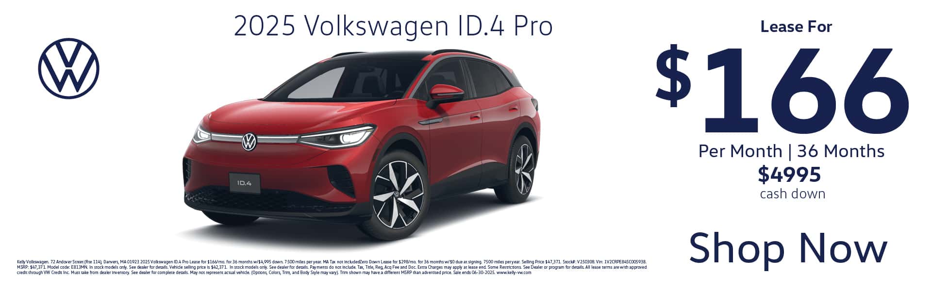 Lease the 2025 Volkswagen ID.4 Pro for $166 per month for 36 months with $4,995 down