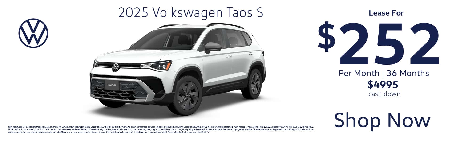 Lease the 2025 VW Taos S for $252 per month for 36 months with $4995 cash down