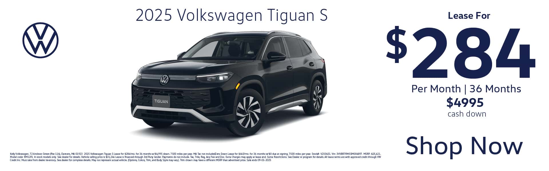 Lease the 2025 VW Tiguan S for $284 per month for 36 months with $4995 cash or trade down