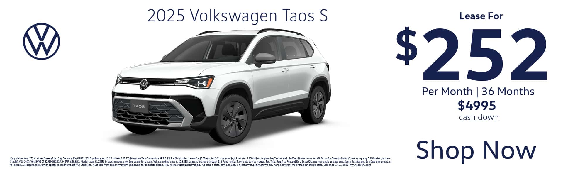 Shop 2025 VW Taos S Models and Lease For Only $252 per month right now at Kelly VW in Danvers