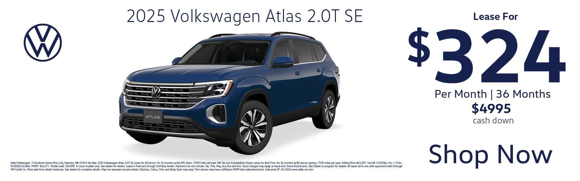 Lease the 2025 VW Atlas 2.0T SE for $324 per month for 36 months with $4995 cash down