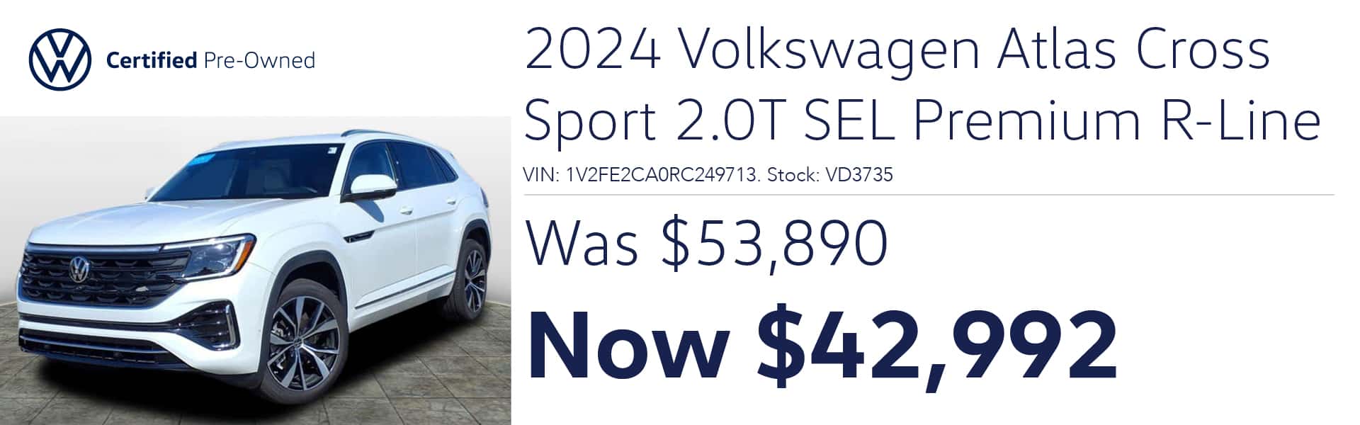 CPO 2024 VW Atlas Cross Sport 2.0T SEL Premium R-Line Was $53,890 Now $42,992