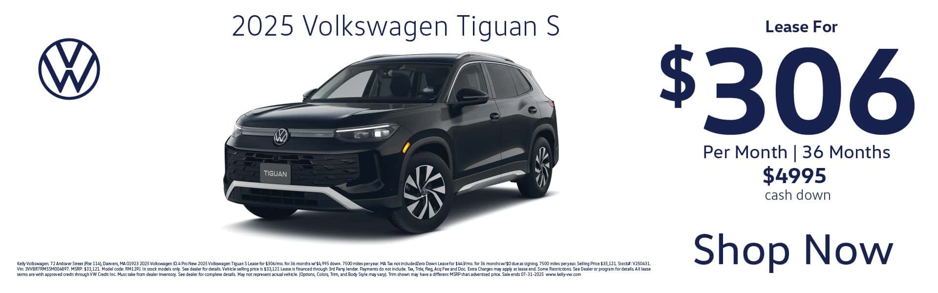 Browse 2025 VW Tiguan S SUVs and Lease For Only $306 per month right now at Kelly VW in Danvers