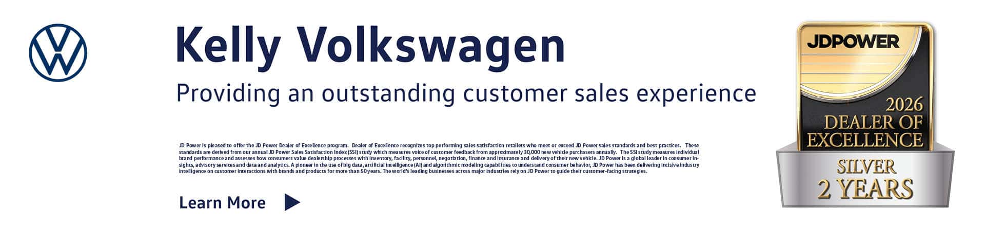 Kelly Volkswagen J.D. Power 2026 Dealer of Excellence Web Banner