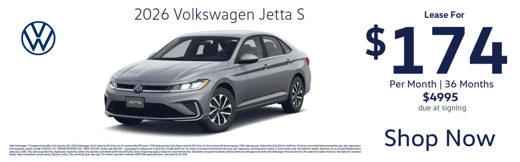 Lease the 2026 VW Jetta S for $174 per month for 36 months with $4995 due at signing