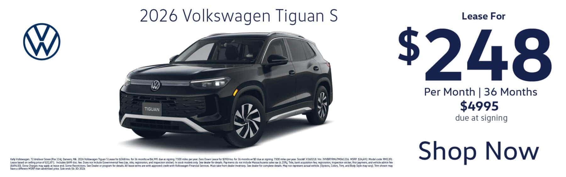 Lease the 2026 VW Tiguan S for $248 per month for 36 months with $4995 cash down
