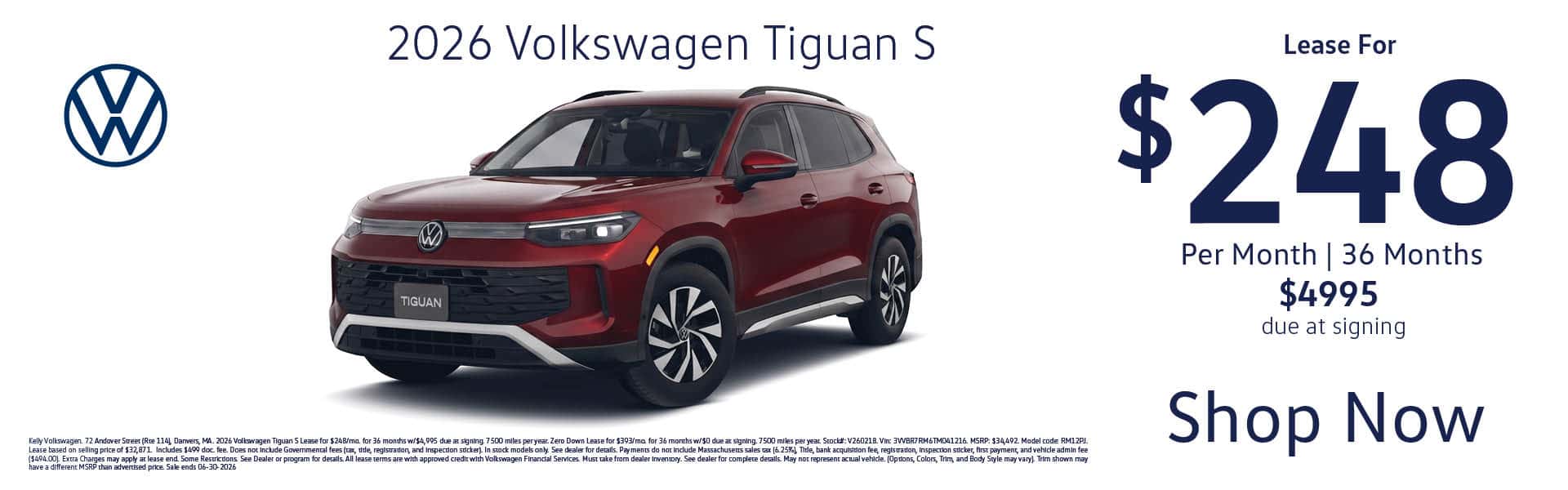 Lease the 2026 VW Tiguan S for $248 per month for 36 months with $4995 cash down