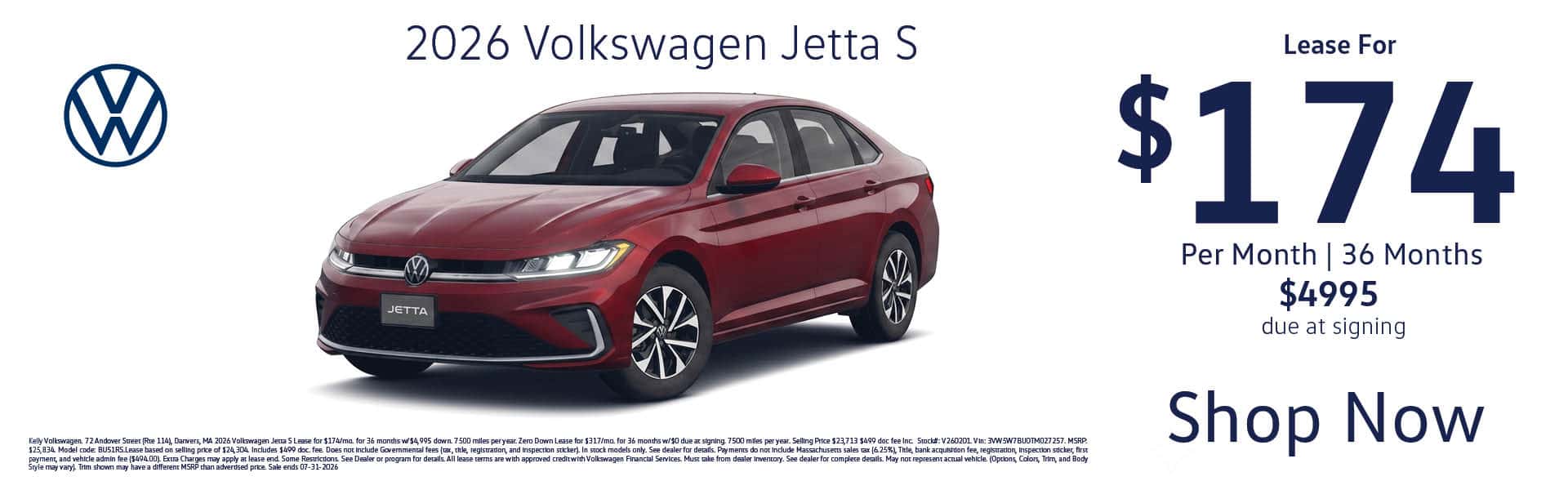 Lease the 2026 VW Jetta S for $174 per month for 36 months with $4995 due at signing