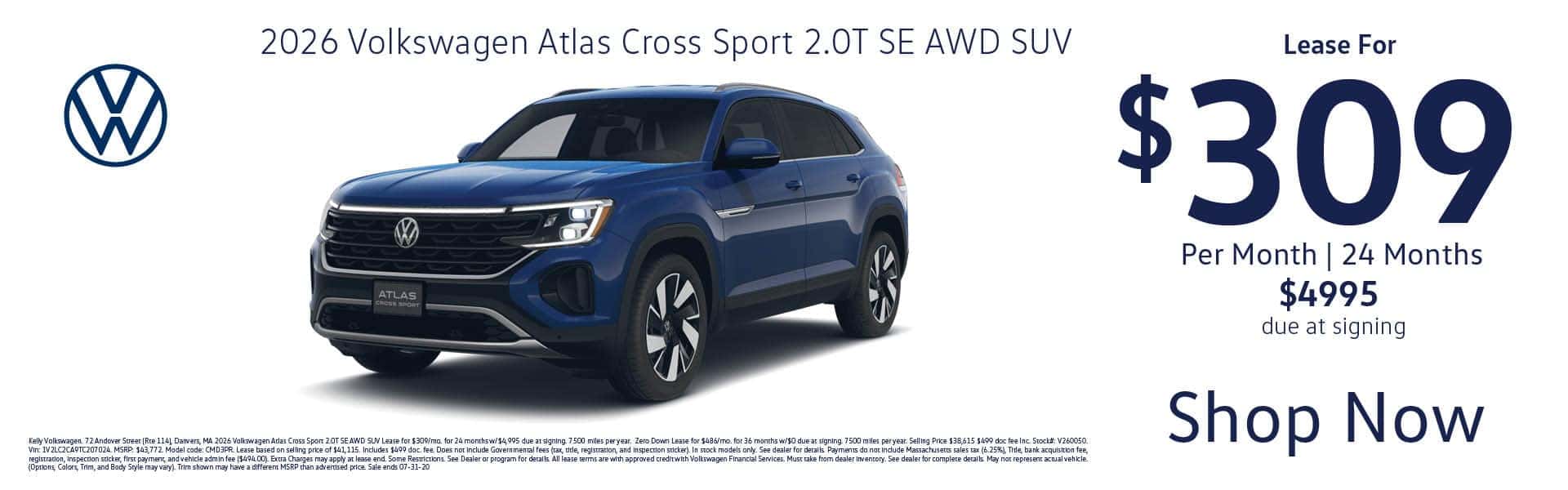 Lease the 2026 VW Atlas Cross Sport 2.0T SE for $309 per month for 24 months with $4995 due at signing