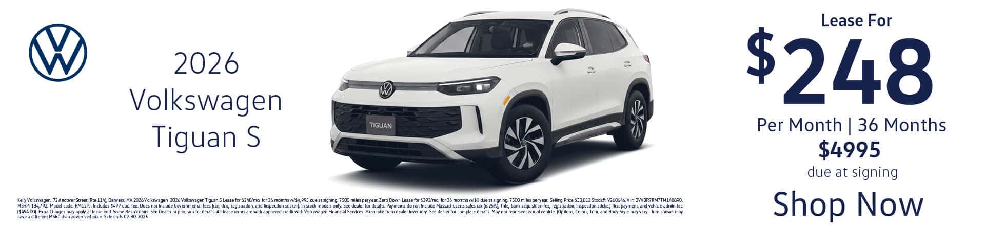 Lease the 2026 VW Tiguan S for $248 per month for 36 months with $4995 cash down
