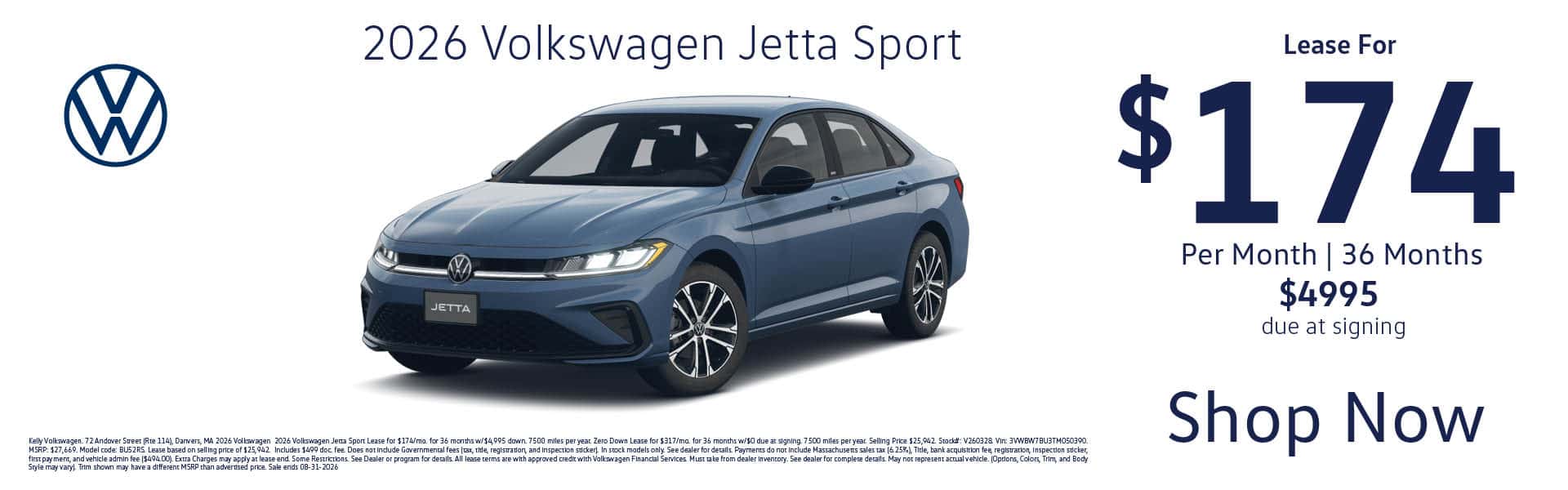 Lease the 2026 VW Jetta S for $174 per month for 36 months with $4995 due at signing