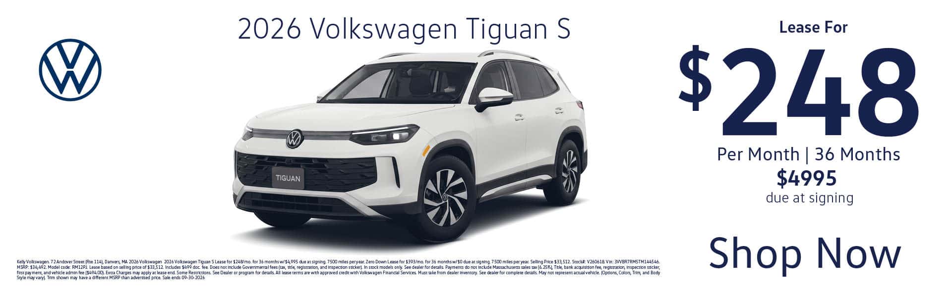 Lease the 2026 VW Tiguan S for $248 per month for 36 months with $4995 cash down