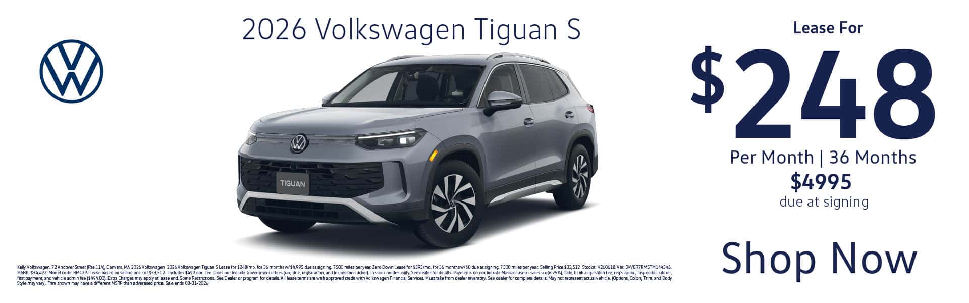 Lease the 2026 VW Tiguan S for $248 per month for 36 months with $4995 cash down
