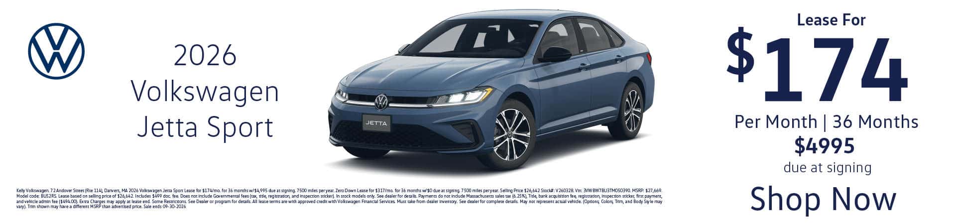 Lease the 2026 VW Jetta S for $174 per month for 36 months with $4995 due at signing