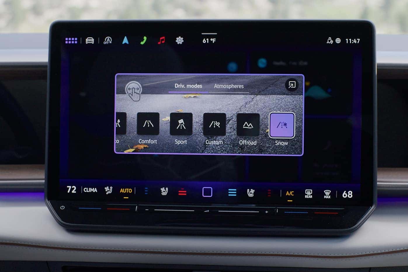 Snow drive mode highlighted on the 2027 Atlas display